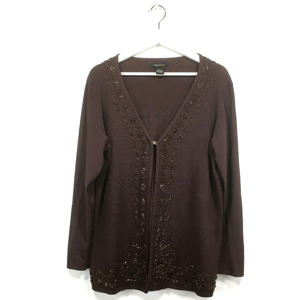 BCBG Maxazria 1X Cardigan Brown Beaded Embroidered